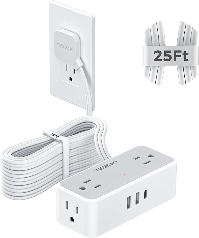 TESSAN Flat Plug Extension Cord 25 FT, Surge Protector Power Strip with 4 AC Outlets 1 USB C and 2 USB A Ports, 900 Joules Protection, Multiple Wall Outlet Extender Suitable for Office Dorm, Grey