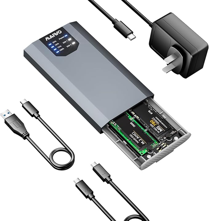 MAIWO Dual NVMe Clone SSD Enclosure, USB3.2 GEN2X2 10Gbps,Support AHCI to NVMe Clone, M.2 Duplicator Cloner for SSDs Sizes 2230/2242/2260/2280 with Indicator Light