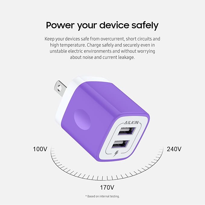 2Pcs USB Wall Charger, AILKIN USB Plug Home Travel Power AC Adapter Charging Block for iPhone, Google Pixel, Samsung Galaxy, HTC, LG, Motorola Cell Phone Quick Charge Base USBA Adaptive HandSet Cube