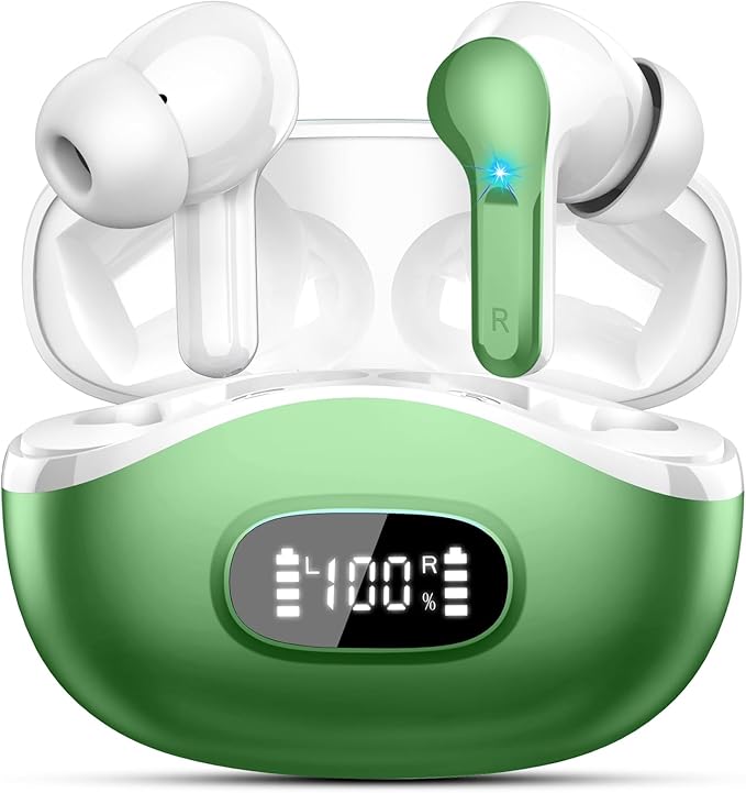 Wireless Earbuds, Bluetooth Headphones 5.4 HiFi Stereo, Ear Buds with 4 ENC Noise Cancelling Mics, 48H Bluetooth Earbuds with Dual LED Display, IP7 Waterproof in Ear Earphones for Android iOS, Green