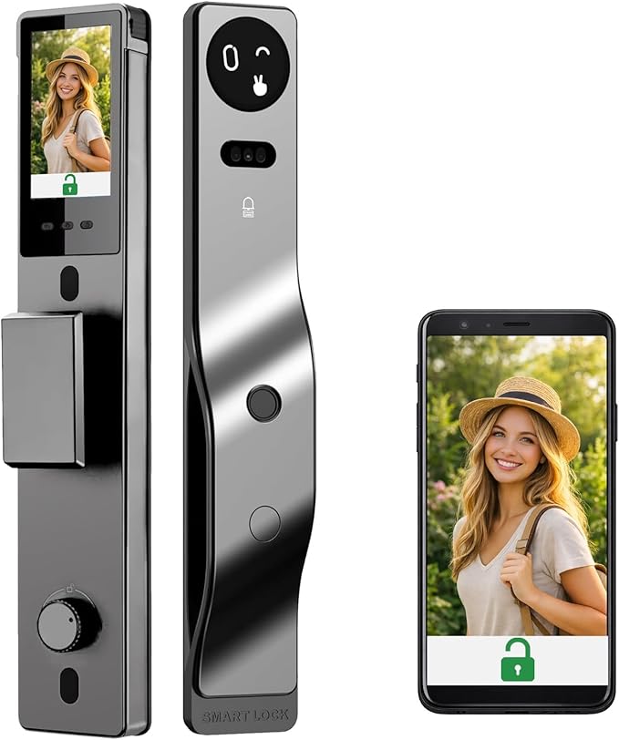 Zonixtec 3D Face Recognition Smart Lock with Camera, AI Palm Vine & Biometric Fingerprint Entry, Tuya App Remote Control, Digital Touchscreen Keypad, 6068 Mortise, Gray Aluminum Alloy