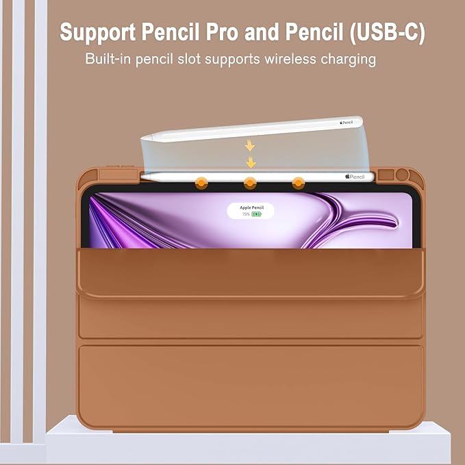 ZryXal New iPad Air 13 Inch Case M3 2025/M2 2024 with Pencil Holder, Trifold Stand Smart Case with Soft TPU Back,Auto Wake/Sleep(Brown)