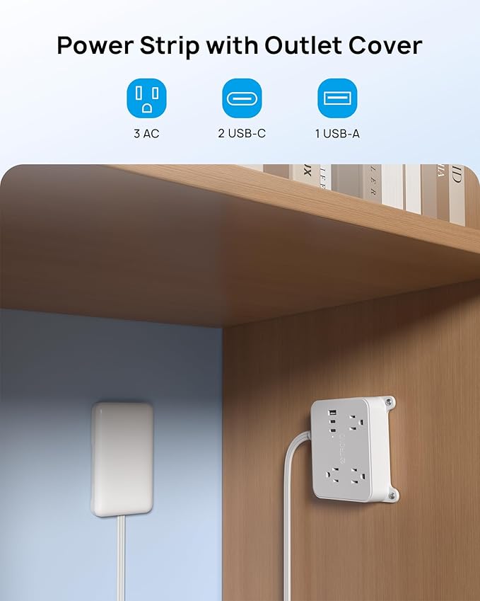 TROND Flat Power Strip with Outlet Concealer, 10FT Extension Cord with 3 Widely Spaced AC Outlets, 3 USB Charger(2 USB C Ports), Wall Mount Power Strip, Compact for Nightstand Couches Home Essentials