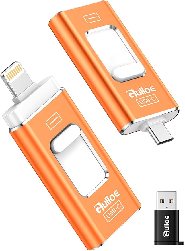 Gulloe 512GB Dual Interface Flash Drive for Phone Storage Photos Videos, Phone USB Backup External Photo Memory Stick - No App Required, Compatible with iPhone, iPad, Android & PC (Orange)