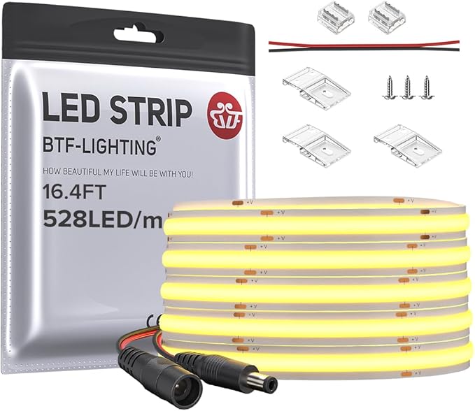 BTF-LIGHTING FCOB COB LED Strip 528LED/m Flexible High Density Uniform Light 14W/m 16.4FT DC12V Natural White 4000K CRI 90+ 10mm Width for Home Indoor Decoration(No Adapter or Controller)