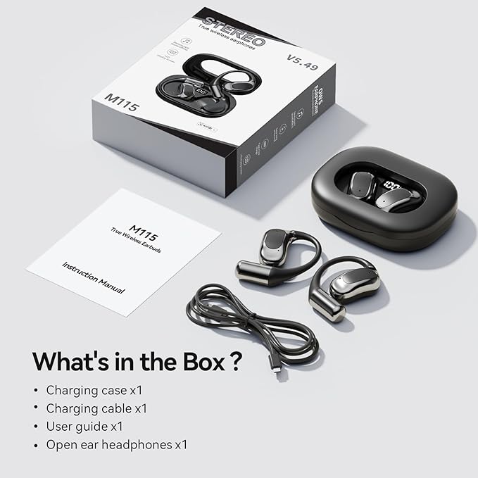 Open Ear Headphones Bluetooth Wireless Over Ear Earbuds with Ergonomic Earhook Ear Buds, Led Power Display,48h Playtime，Ipx6 Waterproof Comfortable for Workout，Cycling，Running (Black)