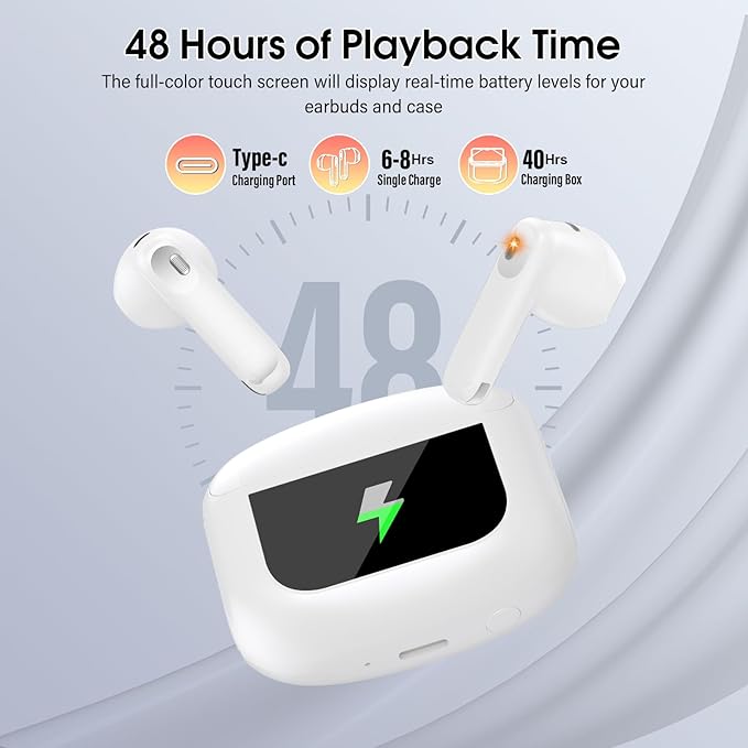 Wireless Earbuds, Bluetooth 5.4 Headphones with Multifunctional Touch Screen, 48H Bass Stereo Ear Buds with ANC/ENC Noise Cancelling/Transparency Mode, IPX7 Earphones with 5 EQ Modes, Ceramic White