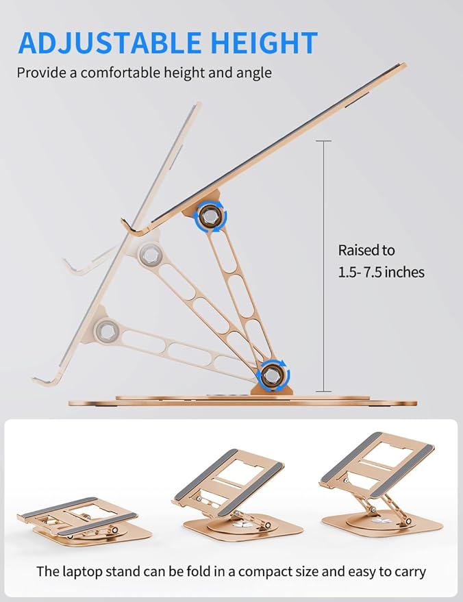 AOEVI Adjustable Laptop Stand with 360 Rotating Base, Computer Stand for Laptop Ergonimic Foldable Laptop Riser for Desk Compatible with MacBook Pro/Air Notebook up to 16 Inches, Gold