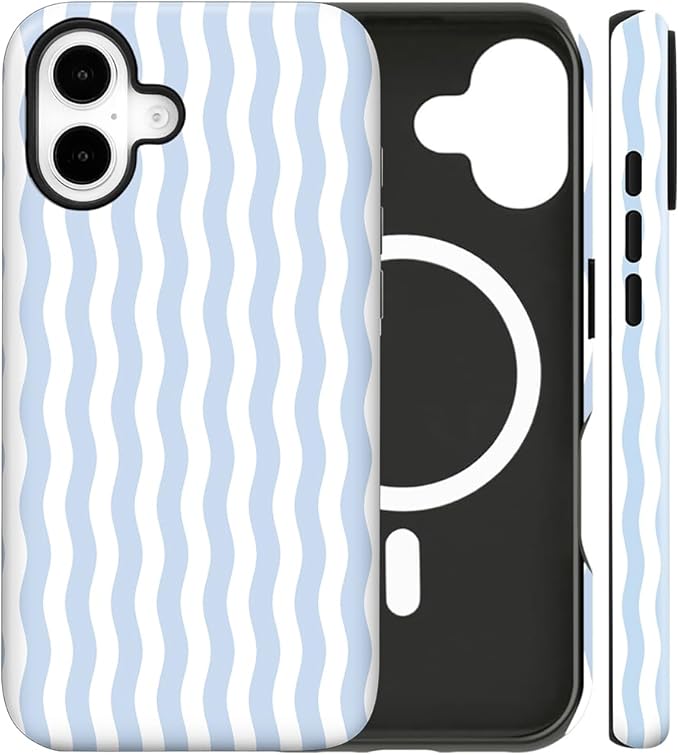 Magnetic for iPhone 16 Case Cute Wavy Stripes Phone Case, Shockproof Slim TPU and Hard PC Protective Phone Cover Compatible with MagSafe Designed for Women Girls, Blue
