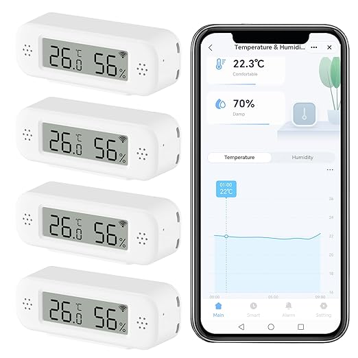 Smart Digital Thermometer Hygrometer, WiFi Indoor Temperature Humidity Sensor with App Alerts, Mini Room Temperature Meter with Data Storage and Export, Compatible with Alexa. 4PCS
