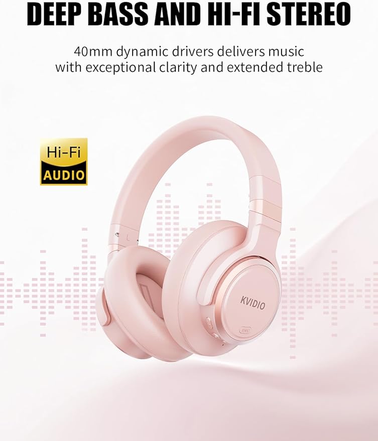 KVIDIO Hybrid Active Noise Cancelling Headphones, Wireless Bluetooth Headphones Over Ear with Mic, 70H Playtime, Transparency Mode, Hi-Fi Stereo Sound, Deep Bass Headsets for Phone PC