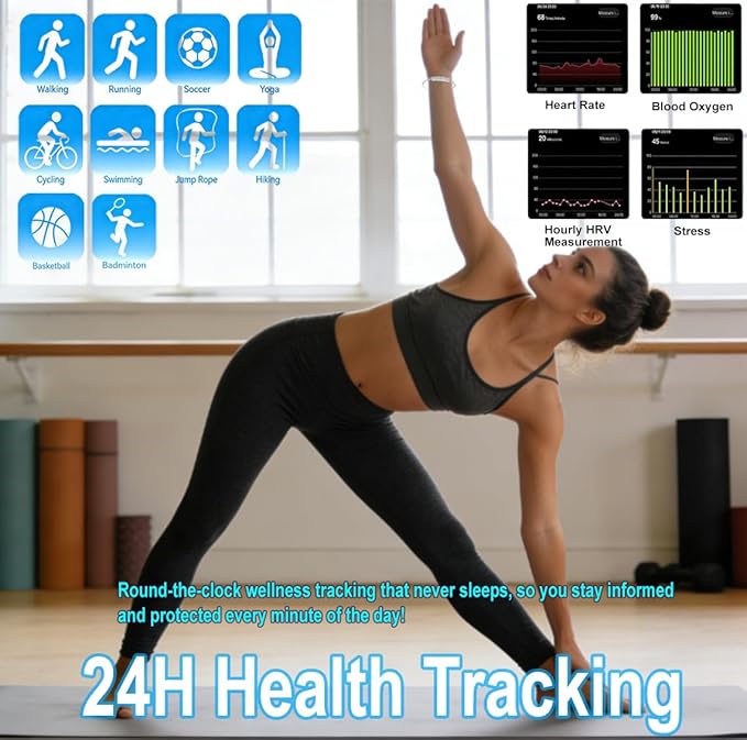 Smart Bracelet Fitness Tracker with 24/7 Health Monitoring 5ATM Waterproof,Blood Oxygen, Heart Rate, HRV,Sleep Monitor – Slim Design Long Battery Life for Women Free App Android & iOS Silver