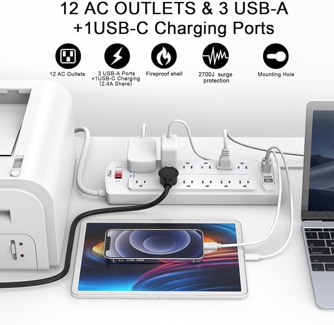 Power Strip, ALESTOR Surge Protector with 12 Outlets and 4 USB Ports(1 USB C Port), 10 Feet Extension Cord (1875W/15A), 2700 Joules, ETL Listed, White