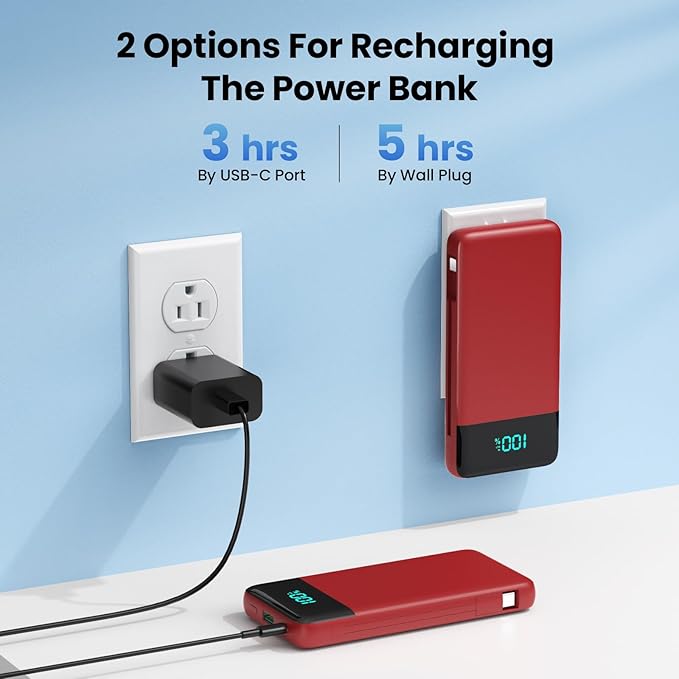 Portable Charger for iPhone,13800mAh Slim Power Bank with Built-in Cables & AC Wall Plug,All in One 4 Outputs USB C Fast Charging Battery Pack Travel Essential for iPhone 17/16/15/14,Android (Red)