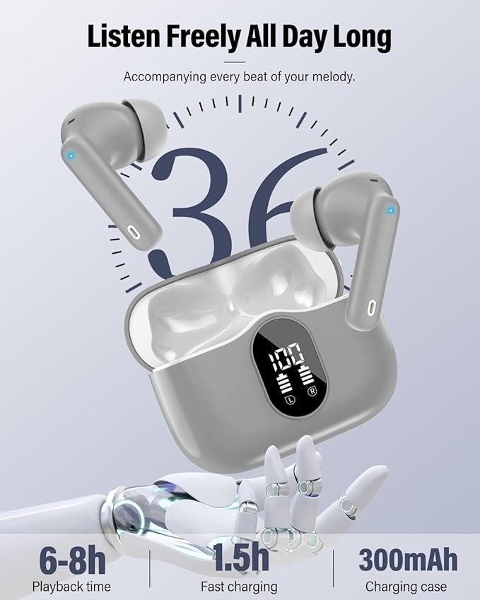 Btootos Wireless Earbuds, Bluetooth 5.4 Headphones Bass Stereo, Ear Buds with Noise Cancelling Mic, IP7 Waterproof in Ear Earphones, 36H LED Display Bluetooth Earbuds for Laptop Pad Phones, Fog Gray
