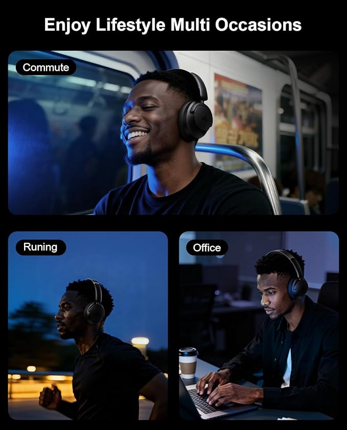 Hybrid Active Noise Cancelling Headphones, Over-Ear Bluetooth Headphone with Hi-Res Audio, 60H Playtime, Deep Bass, Transparency Mode, Foldable Comfort Ear Cups, Ideal gift for Travel Office - Black