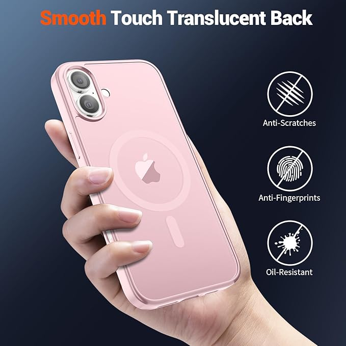 SUPFINE Magnetic for iPhone 16 Case (Compatible with MagSafe) (Military Grade Drop Protection) Translucent Matte Shockproof Phone Cover,Light Pink