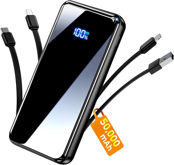 Portable Charger,50000mAh Power Bank Built-in Cable, 22.5W PD USB C In & Out Fast Charging, External Battery Pack with 6 Output & 2 Input, Travel Camping Essential for iPhone 17/16/15/14/13/12,Android