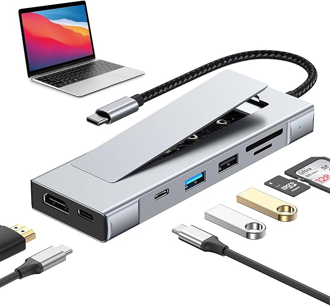 8-in-1 USB C Hub with M.2 NVMe SSD Enclosure, 4K HDMI, 100W PD, 10Gbps USB-C, USB3.2, SD/TF Card Reader for XPS, Dell, MacBook Pro, iPad Pro Upgraded