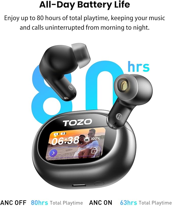 TOZO NC20 Pro Active Noise Cancelling Wireless Earbuds with Smart Touch Screen, LDAC Hi-Res Audio, Stereo Bass, 6 Mics AI Call Ear Buds, 80H Playtime, IPX8 Waterproof, 32 EQ via App, Wireless Charging