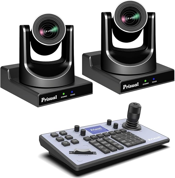Prisual PTZ Camera System Gen 5, Advanced AI Auto Tracking, 20X Optical Zoom, PoE HDMI SDI Bundle PTZ for Church Worship Conference, PTZ Controller, (PTZ Bundle TEM-20S PROx2+TEM-JOY1)