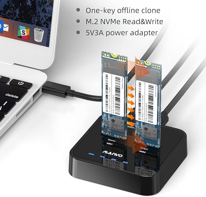 MAIWO K3016P Dual-Bay M.2 NVMe Docking Station, USB-C 3.1 Gen2 10Gbps, Offline One-Key Clone, Tool-Free SSD Enclosure for 2242/2260/2280/22110 PCIe NVMe SSDs – Compatible with Windows/Mac/Linux