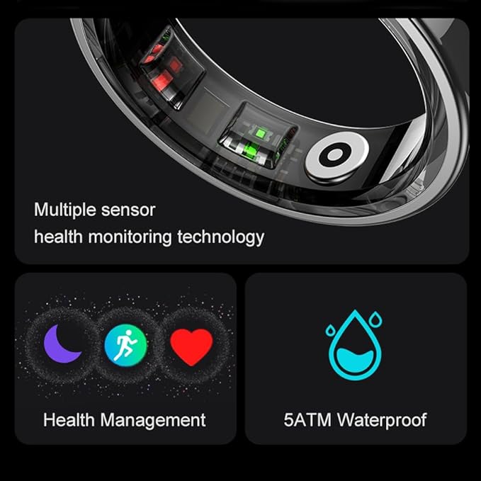 Curved Design Smart Ring Fitness Tracker, Gesture Remote Control Activity Sport Record Sleep Quality Heart Rate SpO2 Skin Temperature Monitoring (Black, #8)