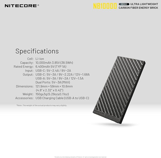 Nitecore NB10000 Gen II (Gen 2) Ultra-Slim Power Bank, 10000mAh QC Quick-Charge USB and USB-C Dual Outputs with Cables for Phones, Flashlights and Headlamps, Dual Cable Bundle