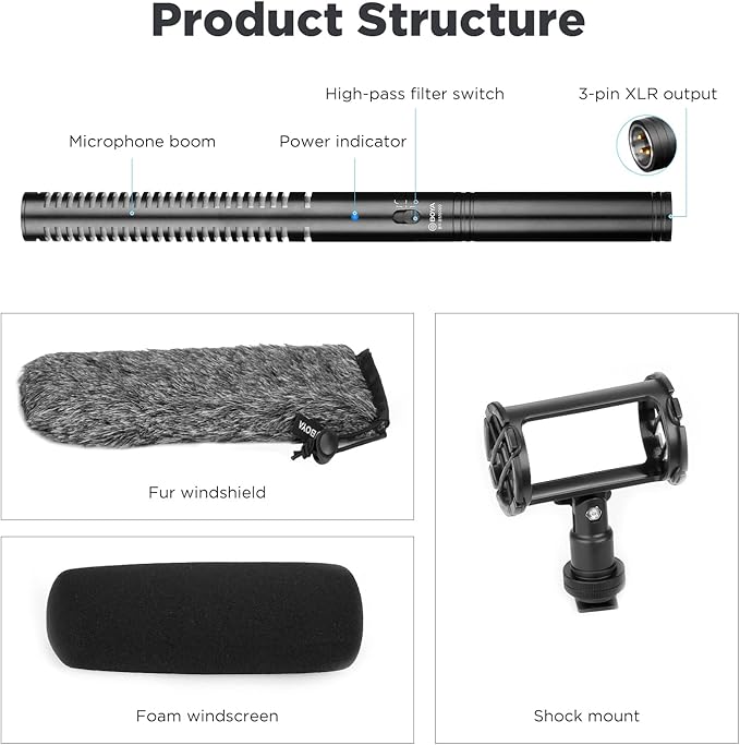 BOYA XLR Microphone BY-BM6060 Super-Cardioid Shotgun Condenser Microphone with 24 48V Phantom Power for Camera Film Interview ENG/EFP Outdoor Recording