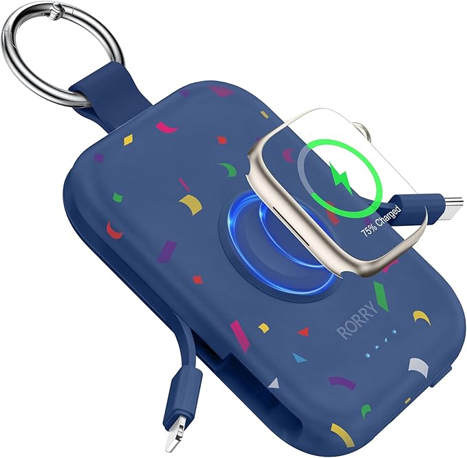 RORRY Portable Charger, 5000mAh Portable Charger Power Bank with Built-in Cables, Travel Keychain Battery Pack for Apple Watch Ultra/11/10/9/8/7/6/SE, iPhone Air/17/16/15/14/13/12, Confetti-Deepblue