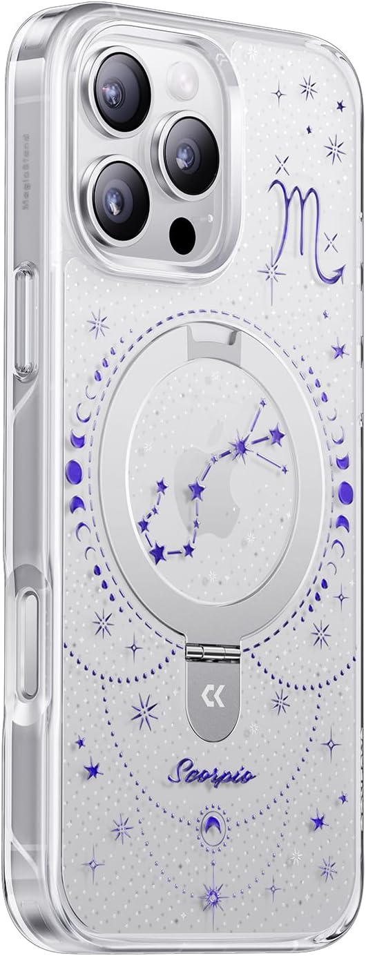 CASEKOO Scorpio [Zodiac Collection] for iPhone 16 Pro Case with Magnetic Ring Stand [Compatible with MagSafe] [Military-Grade Protection] Fashion Clear Back Design, Soft Edge