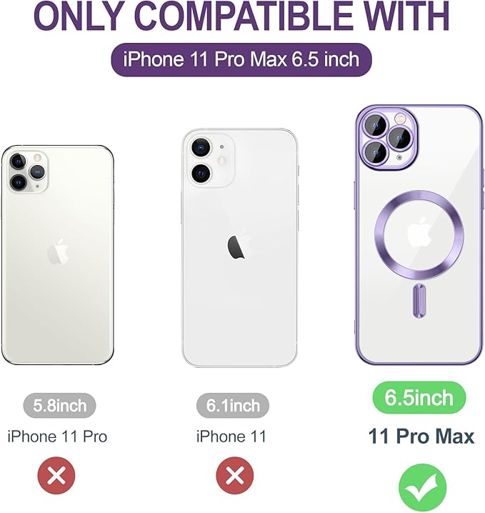 Hython Magnetic Clear for iPhone 11 Pro Max Case with Camera Lens Protector [Compatible with MagSafe] Plating Edge Slim Soft TPU Cover Protective Phone Case for iPhone 11 Pro Max 6.5", Light Purple