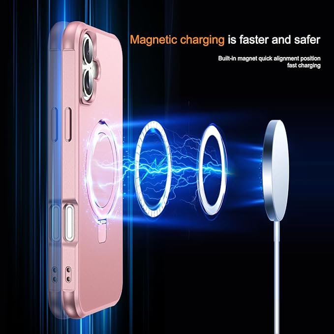 SKYLMW Compatible with iPhone 16 Plus Case with Invisible Magnetic O-Ring Stand Military-Grade Case for iPhone 16 Plus 6.7" [Compatible with Mag-Safe][Great Grip Feeling], Rose Gold