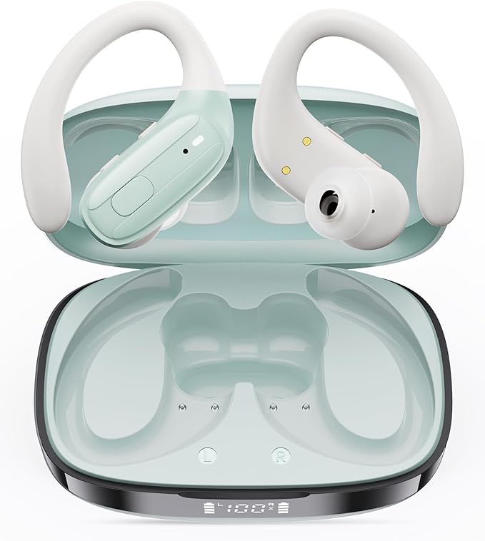 LEEMC Wireless Earbuds, Sports Bluetooth Headphones, Ear Buds with ENC Noise Canceling Mic, 50Hr Playtime Earphones, Palm-Sized, LED Power Display, IPX7 Waterproof Headset for Workout Running, Green