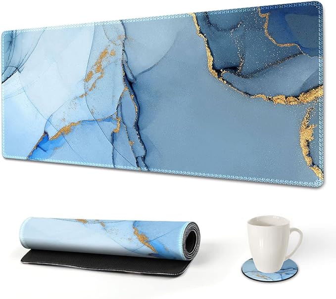 AIMSA Extended Gaming Mouse Pad, XL Large Keyboard Mouse Mat Desk Pad with Stitched Edges, Durable Non-Slip Base Mousepad for Home Office Work, 35x15.7inch,Blue Marble