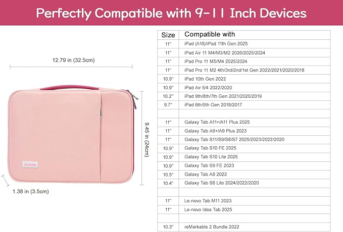 Dadanism 9-11" Tablet Sleeve Padded Carrying Case with Handle for iPad A16 11", iPad 10th Gen/Air5/4 10.9", iPad Air M4/Pro M5 11", iPad 9/8/7th Gen 10.2", Galaxy Tab A11+ 11", Remarkable 2, Pink