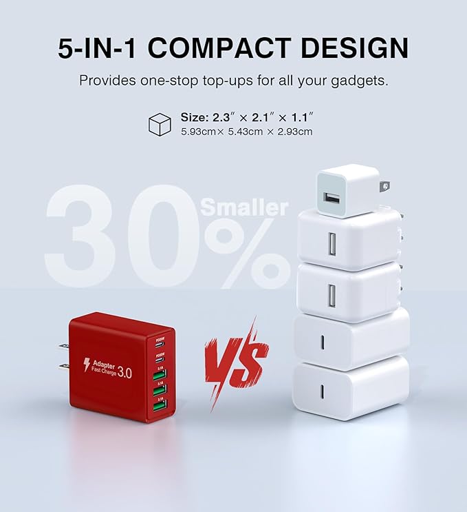 USB C Wall Charger Block, 2Pack 50W USB C Charger 5-Port PD Fast Charging Blocks,QC 3.0 USB A Multiport Plug,Type C Power Adapter Brick Cube for iPhone 17/16/15/14/13/Pro,Samsung,for Switch/Pixel（Red）