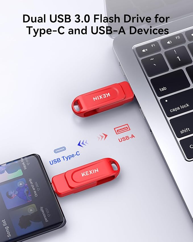 KEXIN Dual 64GB Flash Drive 3.0 USB-A & Type-C Thumb Drive 100MB/s Swivel USB Drive 64GB Memory Stick for Smartphone Tablet iPhone 15/16 Car Game Console, Red