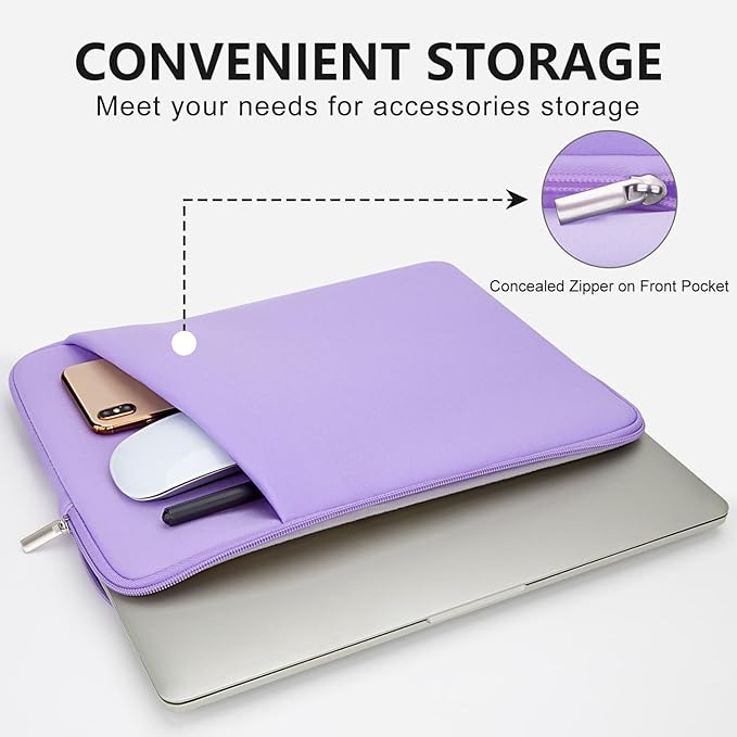 Laptop Sleeve Case with Zipper Accessory Pocket Compatible with 15.6 inches HP Dell Lenovo Asus Acer Padded Computer Pouch Cover Shockproof Protective for 15.6" Laptop/Chromebook/Tablet,Purple