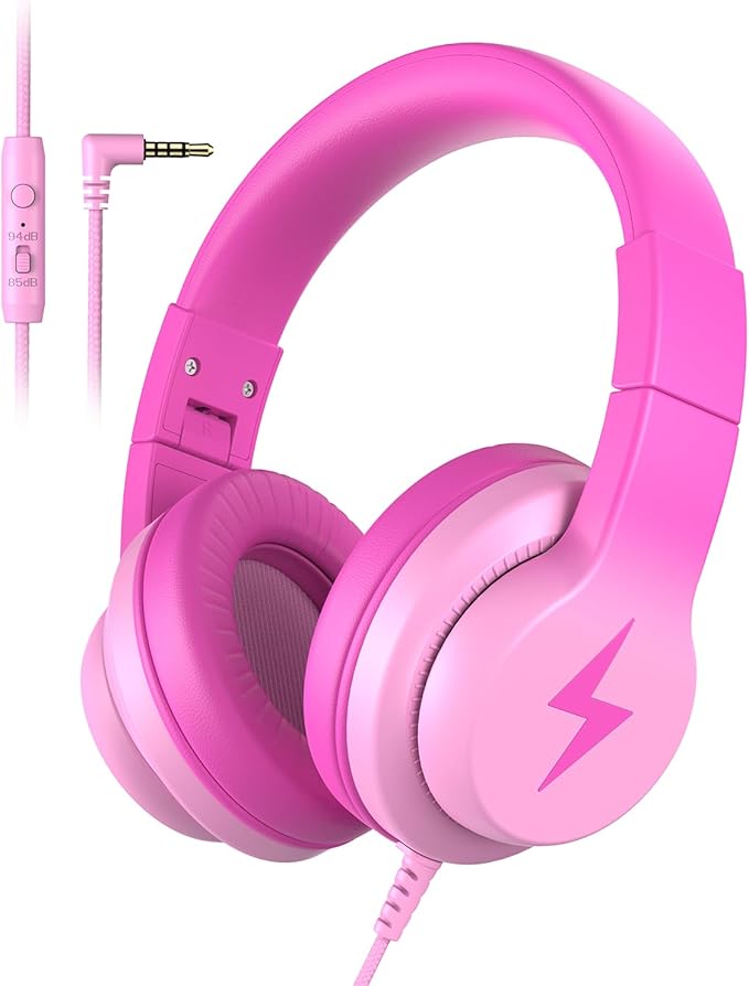 Candy Bila Kids Headphones, Wired Headphones for Kids Over Ear with Microphone, 85/94dB Volume Limiter Headphone for Girls Boys, Foldable Headphone for Learning & Entertainment, Gradient Deep Pink