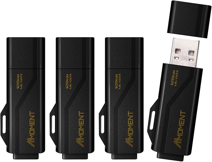 Moment 128GB (4 Pack) MU G03 USB Flash Drive 4-Pack – USB 3.2 Memory Stick with Protective Cap and Keychain Loop, Up to 100MB/s Read, 30MB/s Write – Plug & Play USB Drive for PC, Mac, TV, Car