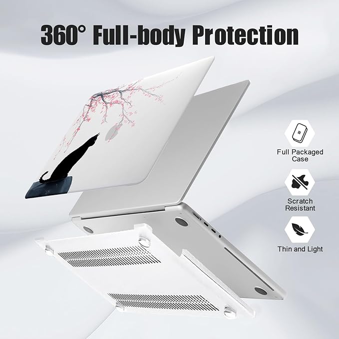 DTangLsm for MacBook Pro 13 inch Case M2 2025 2024-2016 M1 A2338 A2289 A2251 A2159 A1989 A1706 A1708, Cute Cat Slim Protective Hard Shell Cover for Mac Book Pro 13 Case+Keyboard Skin, Black Cat Flower