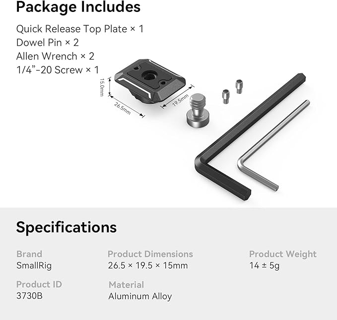 SmallRig Quick Release Plate with 1/4" Screw, HawkLock Quick Release Top Plate for Stabilizer, Action Camera, Monitor, LED Light, QR Top Plate for SmallRig HawkLock Quick Release System - 3730C