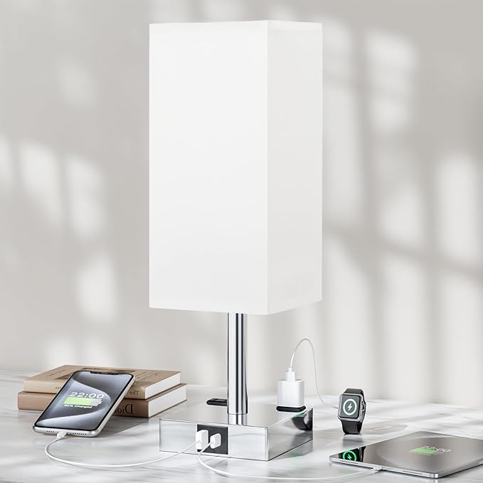 Touch Bedside Table Lamp for Nightstand - 3-Way Dimmable Night Lamp with USB A + Type C Charging Ports and Two AC Outlets, Small Desk Light with E26 LED Bulb for Bedroom Living Room Dorm Office,White