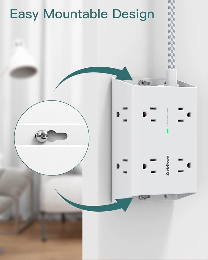 Addtam Surge Protector Power Strip, 8 Widely Outlets with 4 USB Ports (2 USB C), 5ft Extension Cord with Multiple Plug Outlets, 3 Side Outlet Extender, Flat Plug, Wall Mount, ETL, White