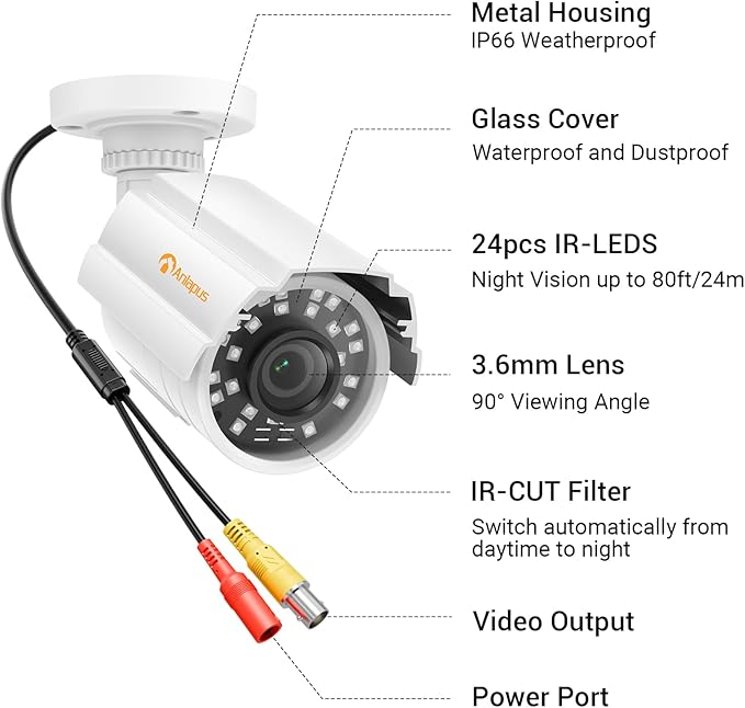 Anlapus 2 Pack 1080P HD Security Cameras, 80ft Night Vision, IP66 Weatherproof, 2MP Outdoor Indoor Home Surveillance CCTV Bullet Camera for 1080P/5MP/4K Analog DVR Systems