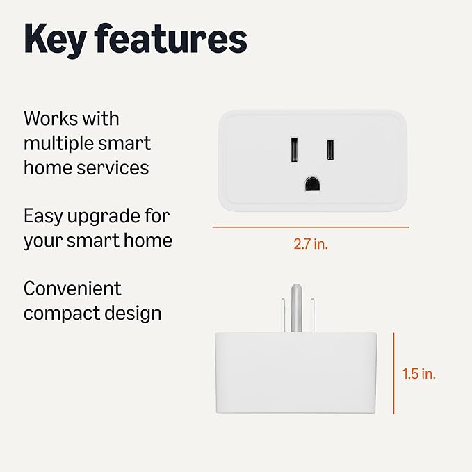 Amazon Basics Smart Plug, Matter Compatible, Compatible with Amazon Alexa, Google Home, Apple HomeKit, Voice Control, Control Appliances, Matter Hub Required, 2.4 GHz Wi-Fi Only, 2-Pack, White