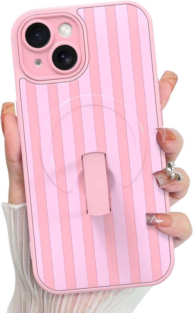 KANGHAR Compatible with iPhone 15 Case, Support for MagSafe, Silicone Stripes Cute Pattern, Wristband Kickstand Camera Protection Soft Slim Cover for Girls Women -Pink