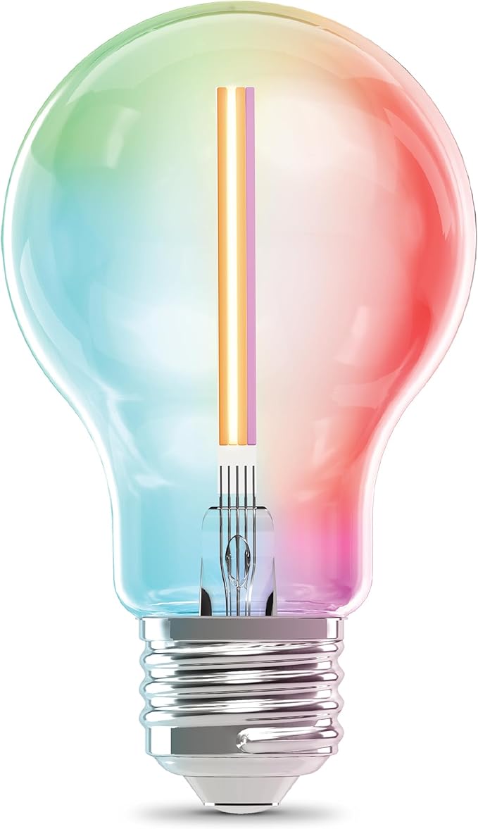 Feit Electric Smart LED Light Bulb, 40W Eq, Color Changing, Dimmable, Works with Alexa & Google Home, Wi-Fi Enabled, Straight Filament Glass Design, 90+ CRI, 15,000-Hour Lifetime, A1940/CL/RGBW/FIL/AG