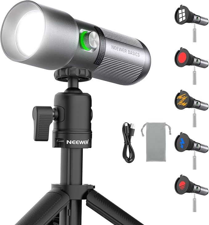 NEEWER BASICS RGB Photography Flashlight with Desk Tripod Stand/4 Colors/20 Gobo Filters/7500mAh, 10W 6300K CRI95+ Portable LED Spotlight Ambient Sunset Light for Video Recording Studio Lighting, FL10